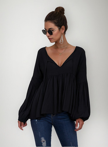 Blusa Con Cuello En V De Color Liso Y Mangas Abullonadas