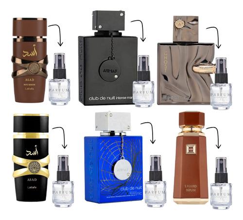 Combo 6 Perfumes Árabes 5ml Lattafa - French Avenue - Armaf, Asad - Asad Bourbon - Club De Nuit Intense - Iconic - Liquid Brun - Spectre Ghost Edp 5ml