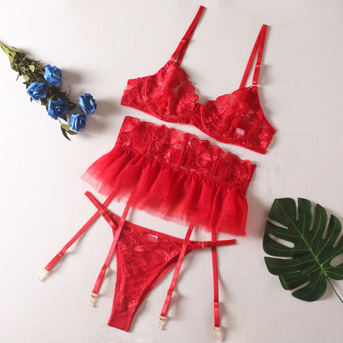 Conjunto De Sujetador De Encaje Con Minifalda, Lencería Sexy
