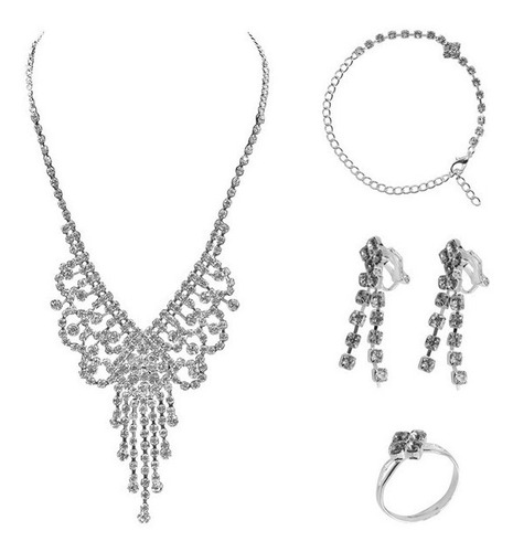 Conjunto Maxxi Colar Brinco Anel Pulseira Strass Noiva Festa