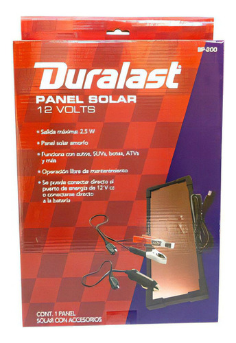 Panel Solar Duralast Para Vehiculo Color Negro Voltaje máximo del sistema 12V