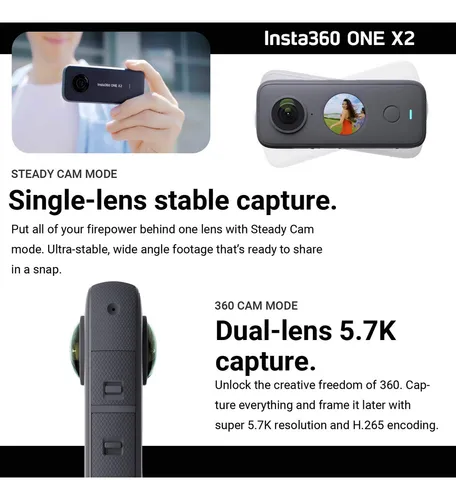 Insta360 One X2 360 Cámara Con Visualización Táctil - 5.7k30 360 Video, Modo De Cámara Frontal Constante, Foto De 18mp 360 + Instapano | El Paquete Incluye Adaptador De Montaje Para Gopro Ecosystem Y
