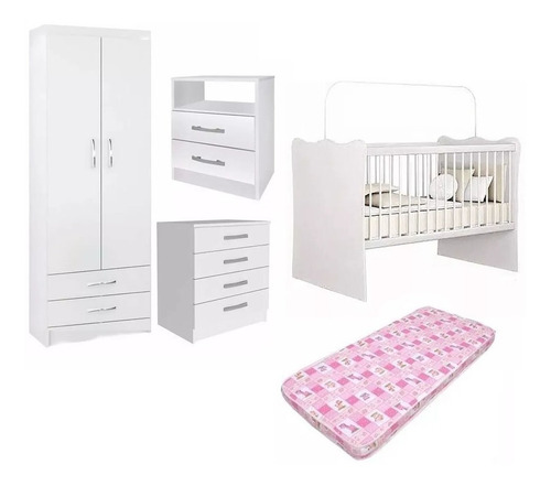 Juego Dormitorio Infantil Rosado Ropero Cuna Cómoda Colchón
