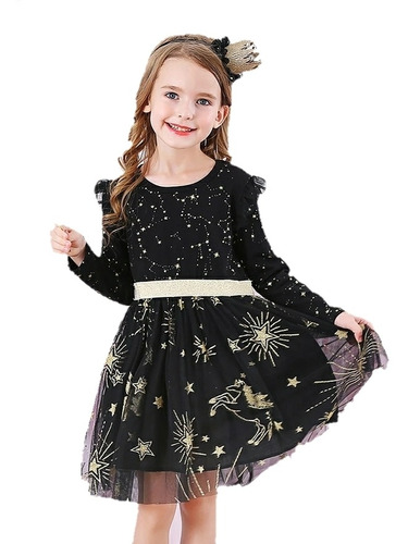 Vestido Niña, Vestido Estrellas, Manga Larga, Vestido Negro 