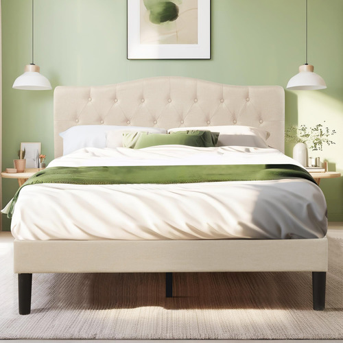 Base De Cama Queen Con Cabecera Tapizada Color Beige