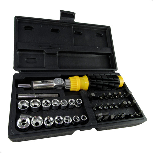 Jogo De Soquetes E Bits 1/4 C/ Catraca Reversível C/ 41peças Titanium Platina
