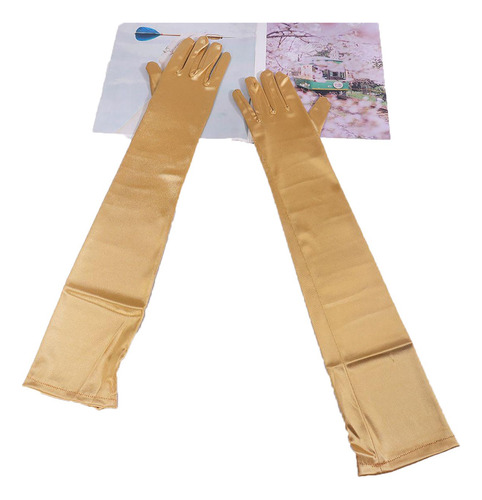 2 Piezas Guantes Largos Elegantes De Dama Satin Accesorio Dorado Lisa