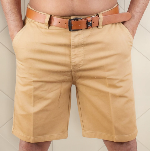 Bermuda Casual De Gabardina Stretch Para Hombre Con Cinturon