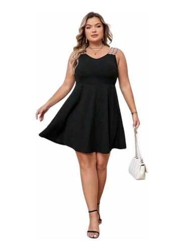 Vestido Clásico Con Tirantes De Perla Negro 2xl