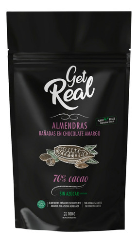 Almendras Bañadas Chocolate Amargo Organico Get Real 100grs.
