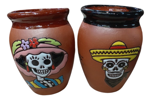 2 Cantaritos De Barro 450ml Dia De Muertos Ofrenda Catrines