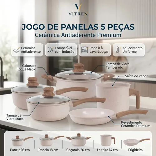 Jogo De Panelas Cerâmico Triplo Indução Vitrex Ecoglid 5 Peças Cor Baunilha