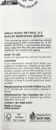 Anua Retinol 0.3% + Niacin Renewing Serum Día/noche