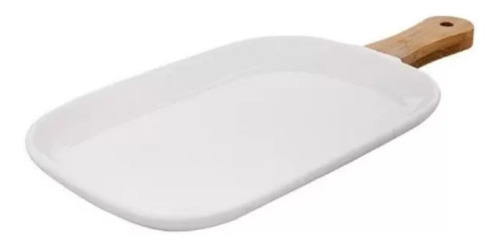 Travessa Porcelana Para Servir Carne Frutas Com Alca Bambu 