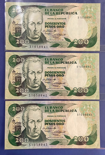 3 Billetes 200 Pesos Oro Consecutivos Colombia