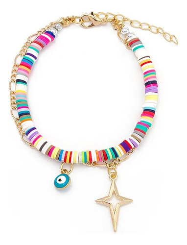 Pulsera Brazalete Multicolor Estrella Y Ojo Chapado En Oro