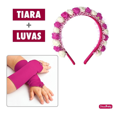 Kit Tiara Luvas Pink Flores Infantil Havaiana Formatura