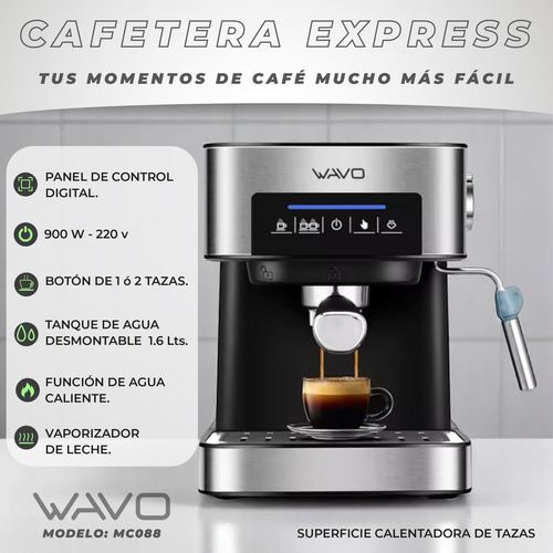 Cafetera Express 20 Bar Tanque 1.6l 900w Wavo 088 Plateada Plateado