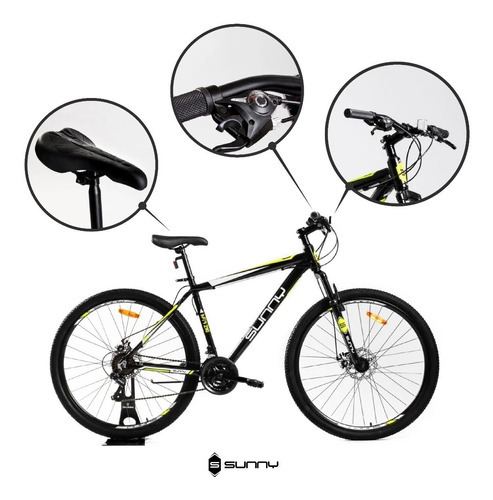 Imagen 2 de 4 de Mountain bike Sunny MTS 290 SM 21v frenos de disco mecánico cambios Sun Run y Shimano Tourney color negro/amarillo con pie de apoyo