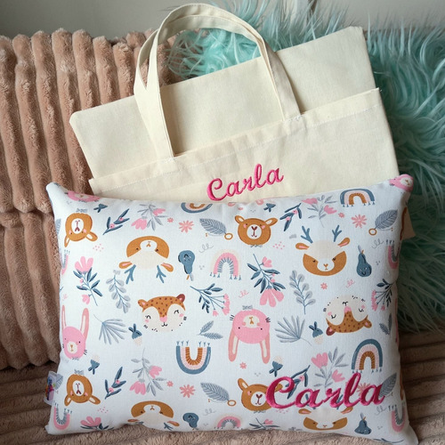 Almohadon Infantil Con Nombre Bordado Bebe Niños + Bolsa
