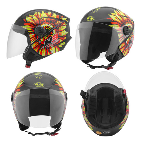 Lindo Capacete Moto Aberto Flor Girassol Verao Preto Amarelo