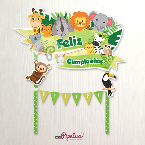 Mega Pack Animales De La Selva Topper Banderin Pinchos Deco