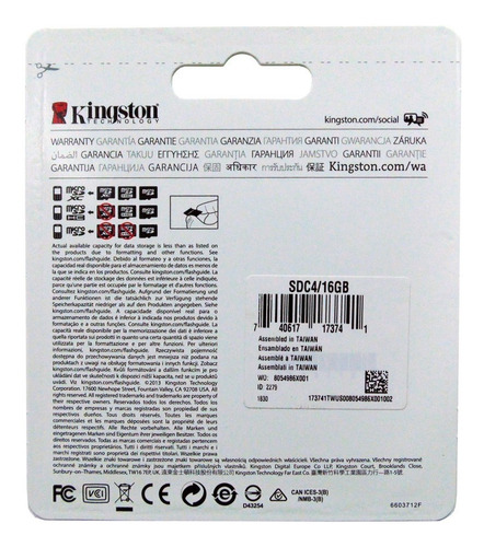 Memoria 16gb Kingston Clase 4 Sellada Orgnal Caja 100 Unidad