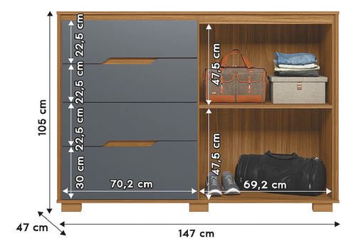 Cômoda 4 Gavetas 2 Portas Com Ripado Moval Texas Freijó/cinza Cor Freijó/gra