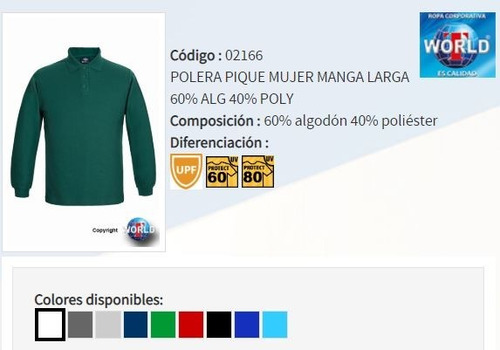 Polera Pique Mujer Manga Larga 60% ALG 40% Poly