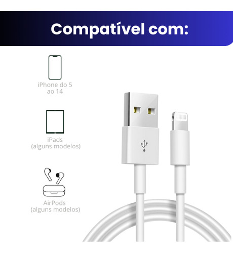 Cabo Usb Para Iphone 6 7 8 X 11 12 13 14 Carregador 2 Metros Branco