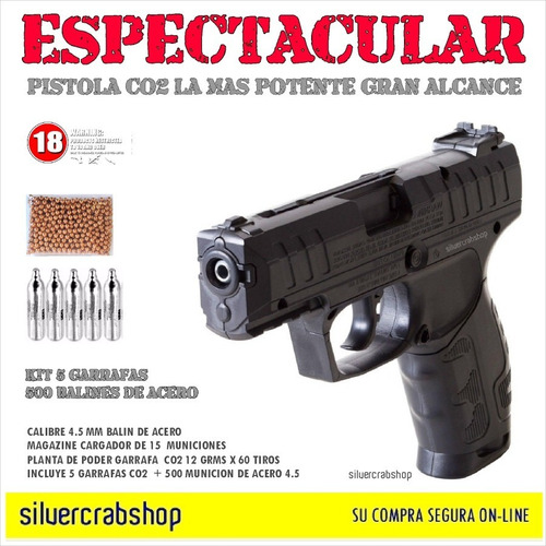 Pistola Co2 Potente Combo + Garrafas + Balines Acero 4.5