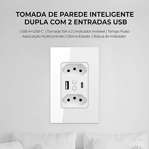 Tomada Inteligente Dupla 10a Wifi Usb+usb-c 4x2 Ekaza Alexa
