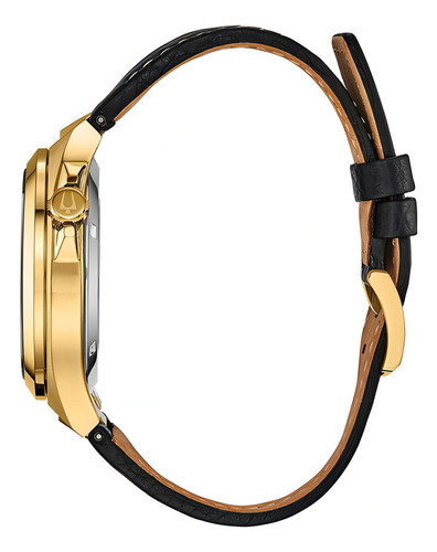 Reloj Bulova Eskeleton 97a148 para hombre fabricado en Japón. Color de la correa: negro, color del bisel: dorado, color de la parte trasera: esqueleto
