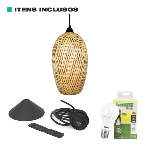 Luminária Led Teto Pendente Lustre Quarto Sala Mesa Cozinha 127/220V Spot Embutir Rústico Bambu 4x4sc
