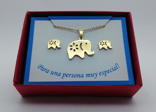 Imagen 5 de 6 de Collar Y Aretes Diseño Elefante Oro Laminado 22 K M3133