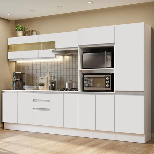 Armário De Cozinha Completa 100% Mdf 300cm Smart Madesa B02 Cor Branco