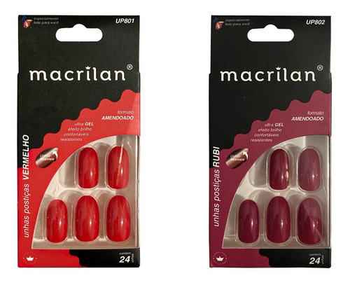 Kit 2 Unhas Postiças Macrilan Amendoado Vermelho E Rubi Wxz