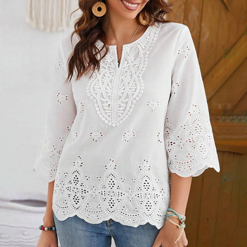 Camisa De Manga De Encaje Con Cuello En V Para Mujer
