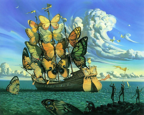 Cuadro Decorativo Clásico Navío Mariposas Dalí / Tela