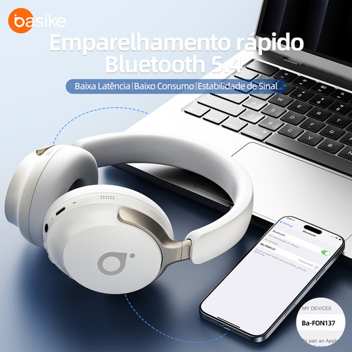 Fone de Ouvido Bluetooth com ANC (Redução Ativa de Ruído), Bluetooth 5.4, 40h Bateria, Dobrável Leve, Graves Profundos e Hi-Fi Estéreo - Ideal para Viagem/Trabalho/Celular(Branco)