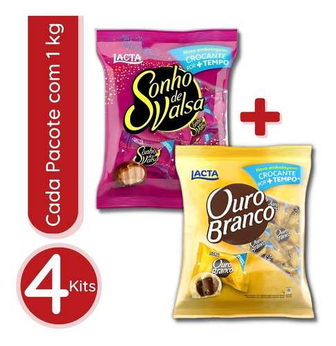 Bombons Lacta - 4 Ouro Branco 1kg + 4 Sonho De Valsa 1kg