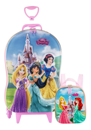 Mochila Escolar Lancheira Castelo Princesas Disney 3d Maxtoy Cor Azul