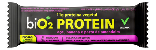 Barra de Proteína Vegana Açaí, Banana e Pasta de Amendoim Cobertura Chocolate Meio Amargo biO2 Protein Pacote 45g