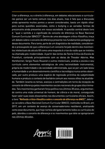 Reflexao Critico-filosofica Sobre O Conceito De Diferença Na Bncc, De Zuleika Aparecida Claro Piassa. Editorial Appris, Capa Mole, Edição 1 Em Português, 2023