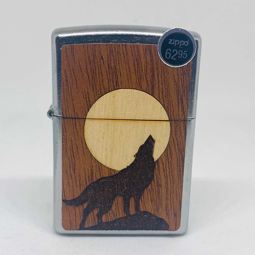 Encendedor Zippo Lobo Aullando Luna Llena En Madera Real +