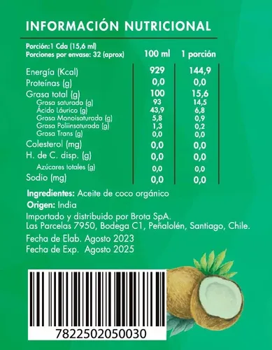 Aceite De Coco Orgánico Extra Virgen 500ml Brota