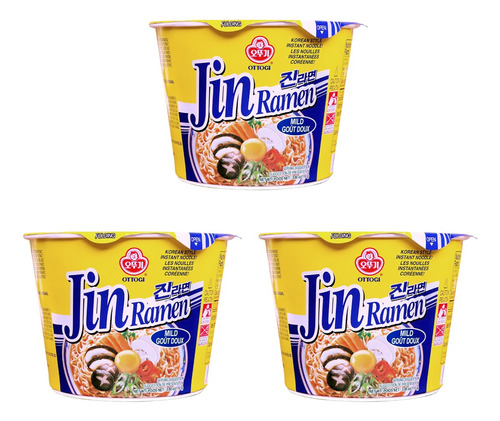  Sopa Ottogi Jin Ramen Coreano Bowl Tazon 3 Piezas 110g