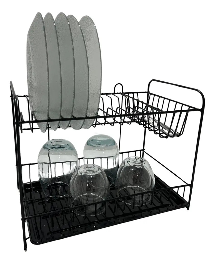 Secaplatos Escurridor 2 Pisos con Bandeja y Cubiertero 38x25x25 Hogar Cocina Deco Color Negro Diaz Home