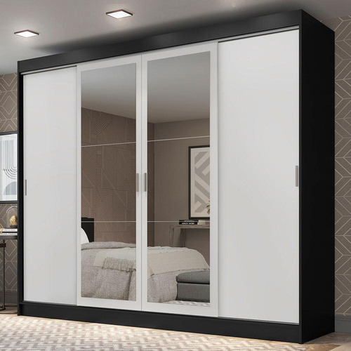 Guarda-roupa Casal Madesa Austin 4 Portas C Espelhos 3 Gav P Cor Preto/Branco