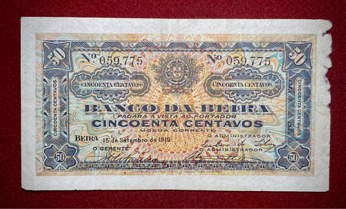 Billete 50 Centavos Mozambique 1919 Pick R3b.2 Banco D Beira